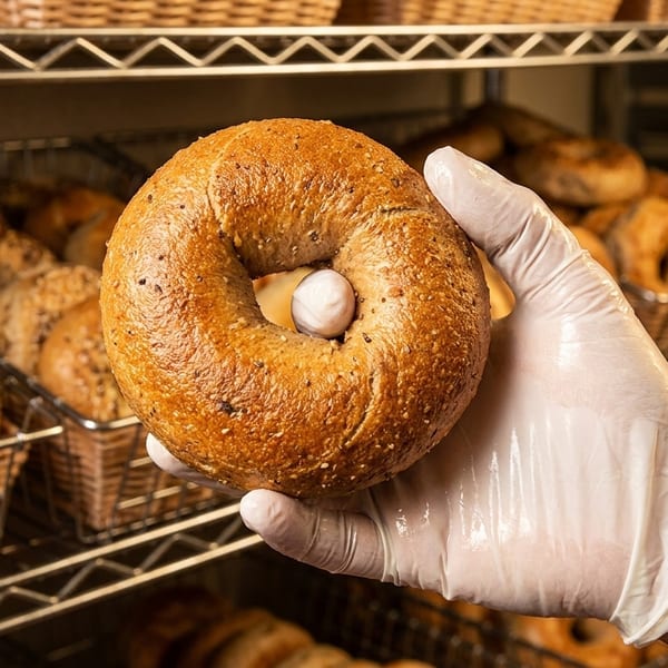 Gloved hand holding a freshly baked everything bagel, with more bagels in baskets on shelves behind.