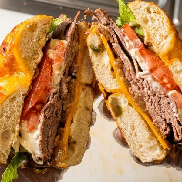 Gloved hands holding a large sliced bagel sandwich filled with roast beef, cheese, tomatoes, and lettuce.