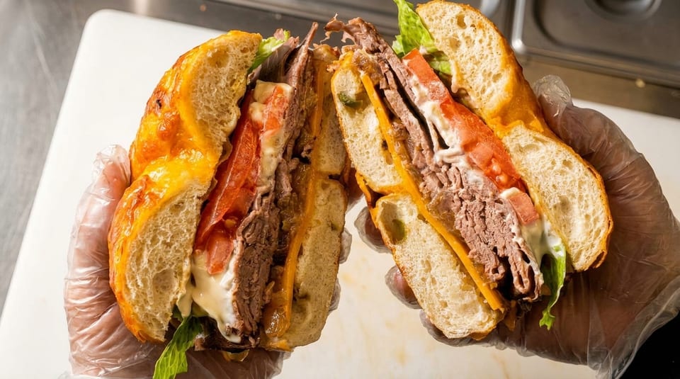 Gloved hands holding a large sliced bagel sandwich filled with roast beef, cheese, tomatoes, and lettuce.