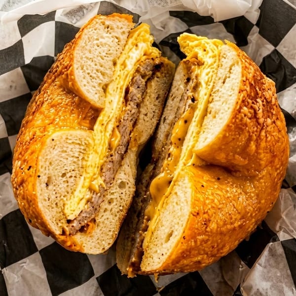 A sliced bagel sandwich with sausage, egg, and melted cheese on checkered wax paper.