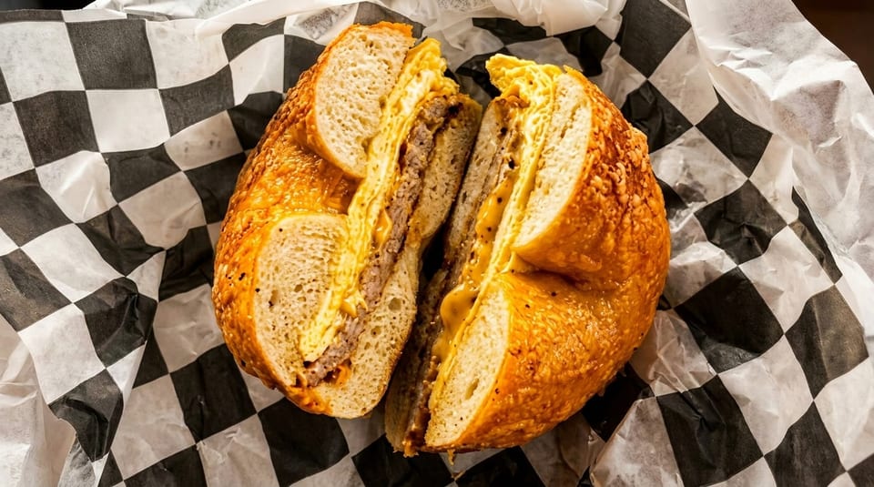 A sliced bagel sandwich with sausage, egg, and melted cheese on checkered wax paper.