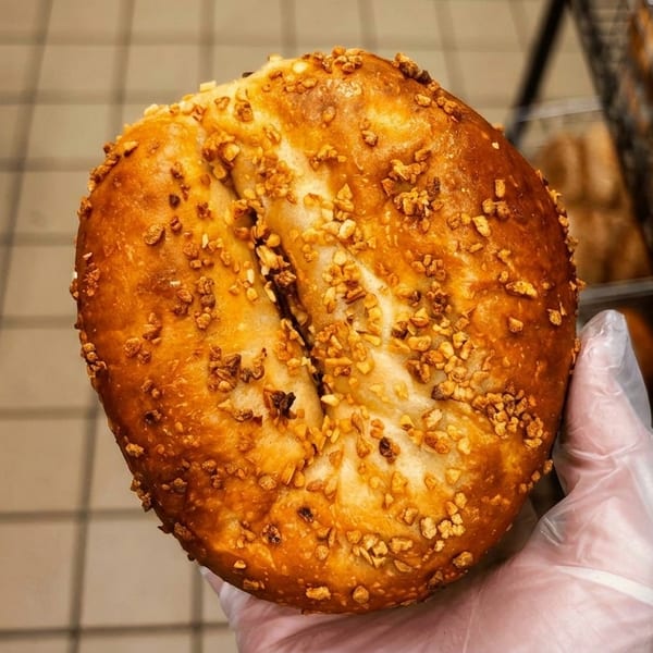 Gloved hand holding a freshly baked, golden-brown bagel topped with crunchy garlic bits.