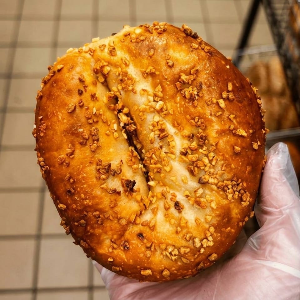Gloved hand holding a freshly baked, golden-brown bagel topped with crunchy garlic bits.