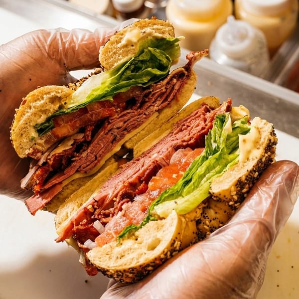 Gloved hands hold a sliced bagel sandwich filled with pastrami, lettuce, and tomato.