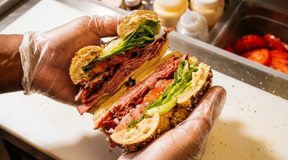 Gloved hands hold a sliced bagel sandwich filled with pastrami, lettuce, and tomato.