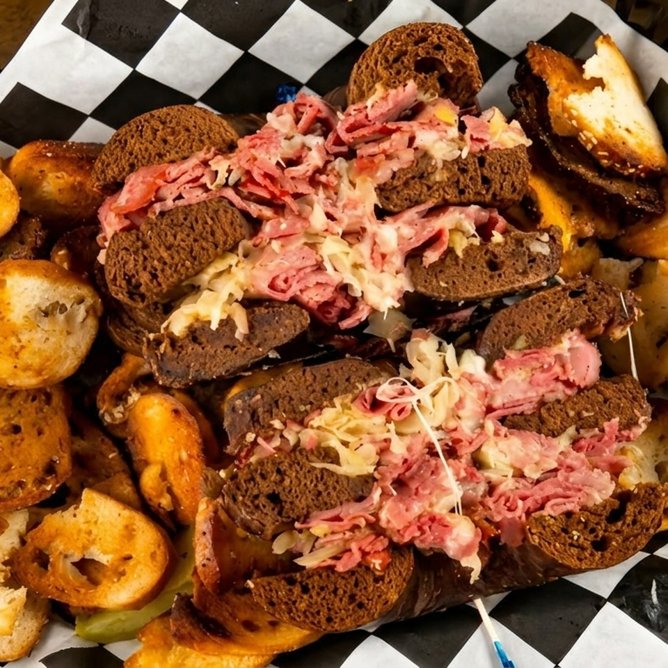 A basket of mini Reuben sandwiches on dark bread with sauerkraut, pastrami, and toasted bagel chips.