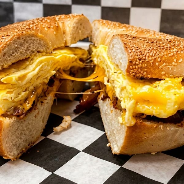 A sesame bagel breakfast sandwich, cut in half, filled with scrambled eggs, melted cheese, and bacon.